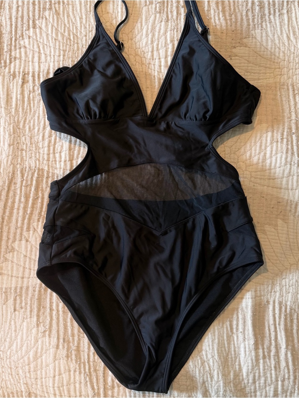 Women's Black Cutout One-Piece Swimsuit with Mesh Panels